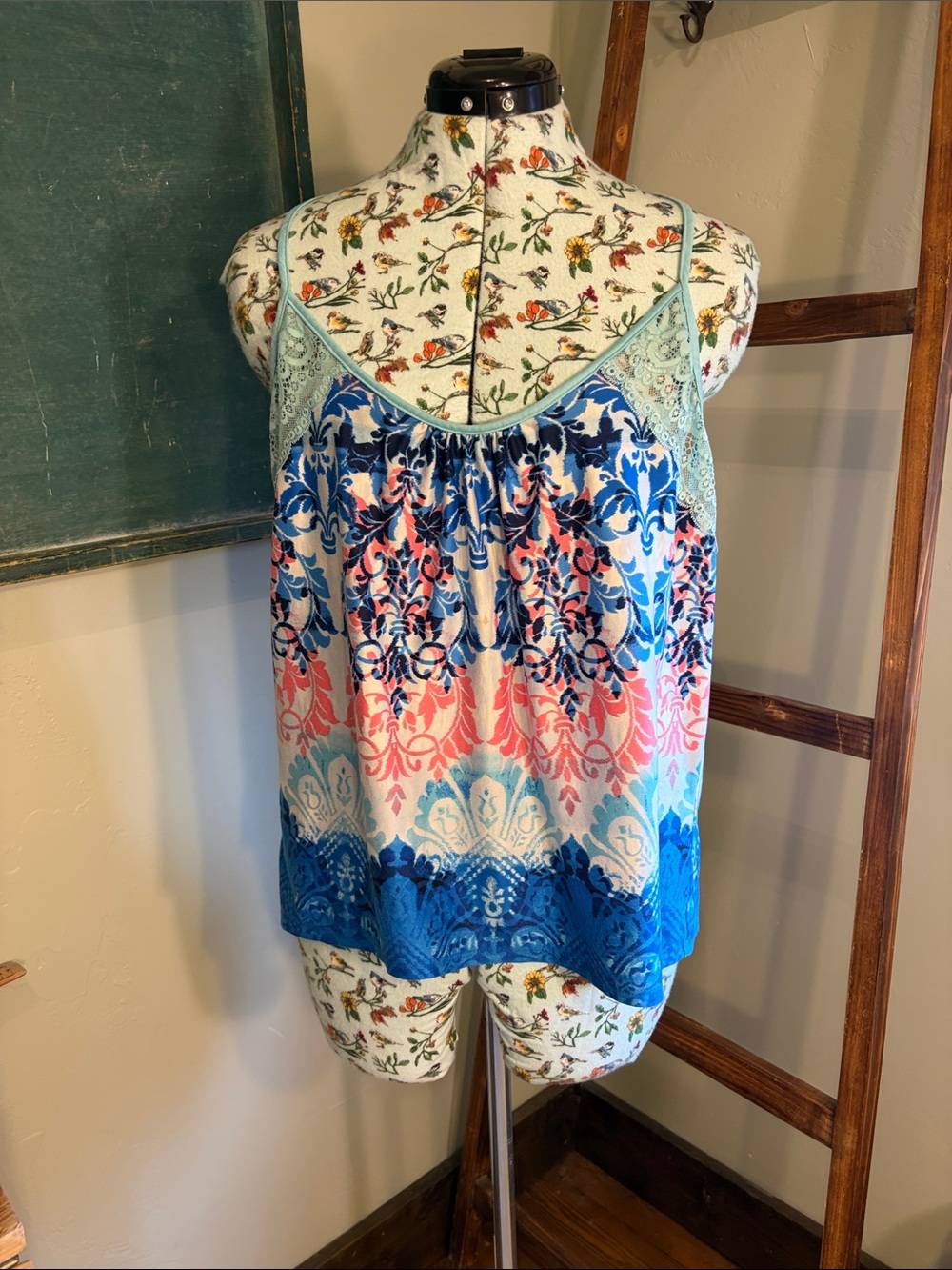 Floral Ombre Lace-Trim Camisole in Blue, Pink & Mint